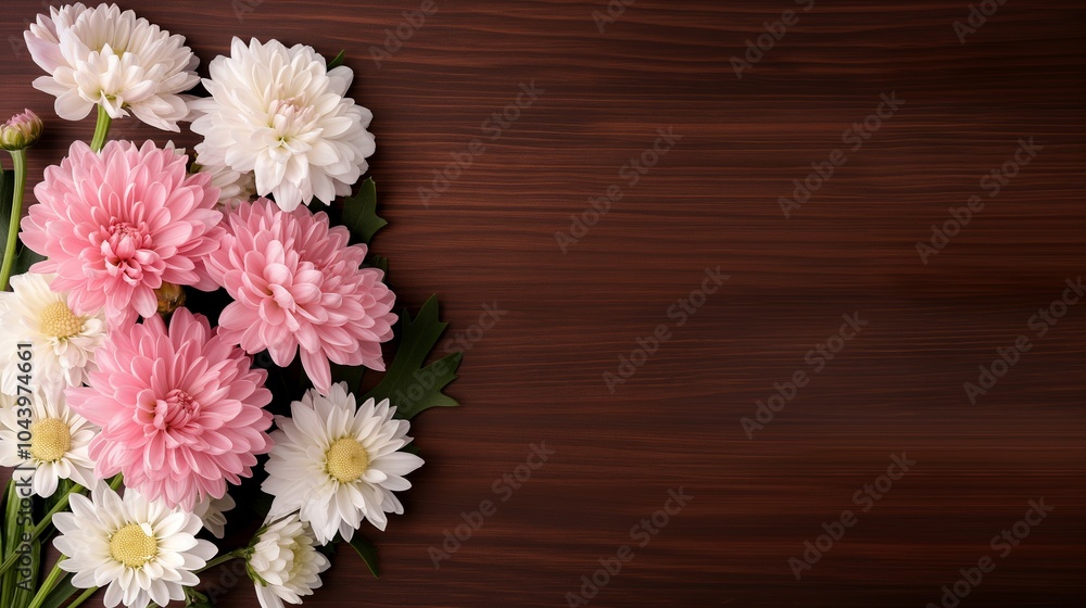 Poster fresh chrysanthemums on wooden table banner background copy space. flowers frame on timber display i
