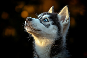 Obraz premium A majestic husky puppy gazes upward, showcasing its striking blue eyes and sleek fur against a softly illuminated background.
