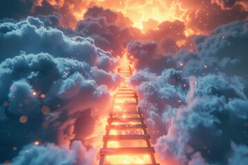 Glowing Ladder Extends Through Clouds Symbolizing Boundless Business Opportunities