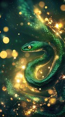 Fototapeta premium Green snake resting on an illuminated christmas tree branch, symbol of 2025 according to the Chinese calendar lunar new year