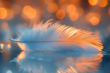 A delicate feather resting on reflective water, illuminated by soft bokeh lights, creating a serene and ethereal atmosphere.
