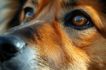 A close-up of a dog's face, highlighting its expressive eyes and warm, rich fur, evoking a sense of loyalty and companionship.