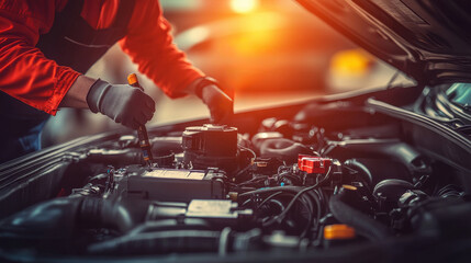 Car mechanic working on engine at sunset in a vibrant garage workshop
