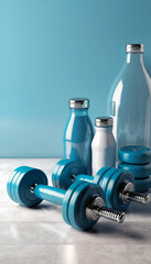 Obraz premium Background with dumbbells and bottle for drink. Sport and fitness after work. Exercise in the gym. Workout. 3d illustration