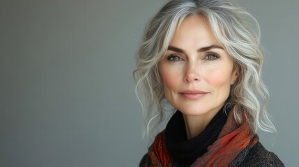 Fototapeta premium stylish middleaged woman radiating confidence and warmth posing elegantly in a welllit studio against a soft grey background showcasing her personality and sophistication through fashion