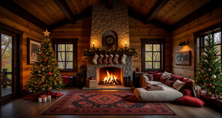 Fototapeta premium Rustic Farmhouse Christmas Decor with Cozy Fireplace Leather Armchairs and Stockings for Santa Gifts