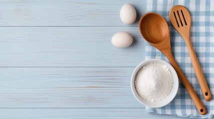 Cooking ingredients and tools on table banner background copy space. Kitchenware with products image backdrop empty. Household routine concept composition top view, copyspace