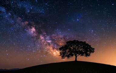 A silhouetted tree on a hill is framed by the dramatic presence of the Milky Way in a clear night sky.