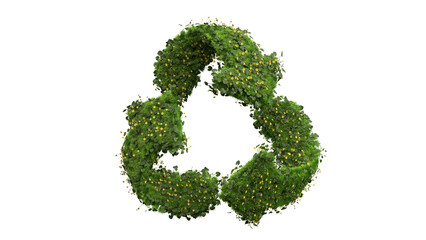 recycle symbol mark as green grass or moss with tiny yellow flower field, created by 3d modeling procedural geometric objects and materials on transparent png background.