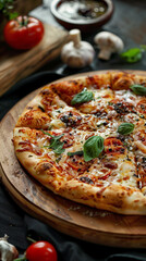 A pizza with basil and tomatoes on top