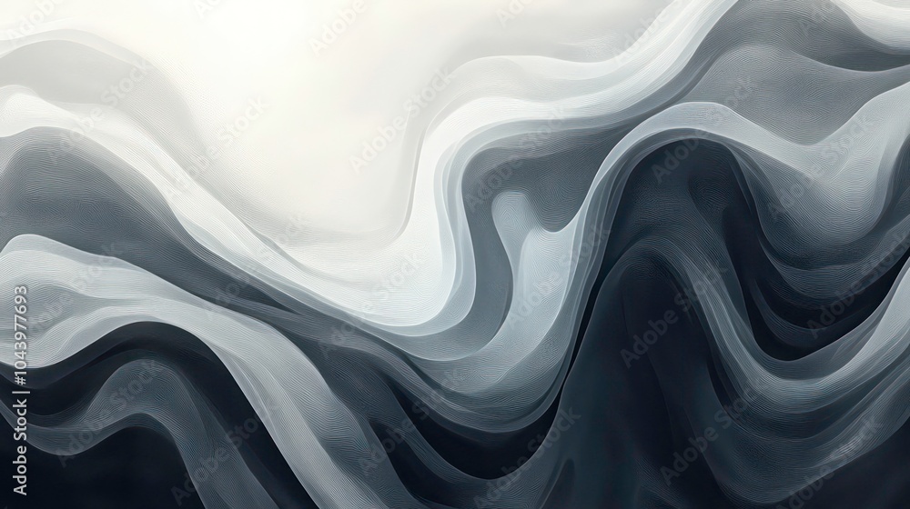 Poster Abstract background with flowing white and gray waves on a black background.