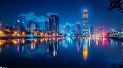Fototapeta premium A city skyline is reflected in a tranquil body of water at night