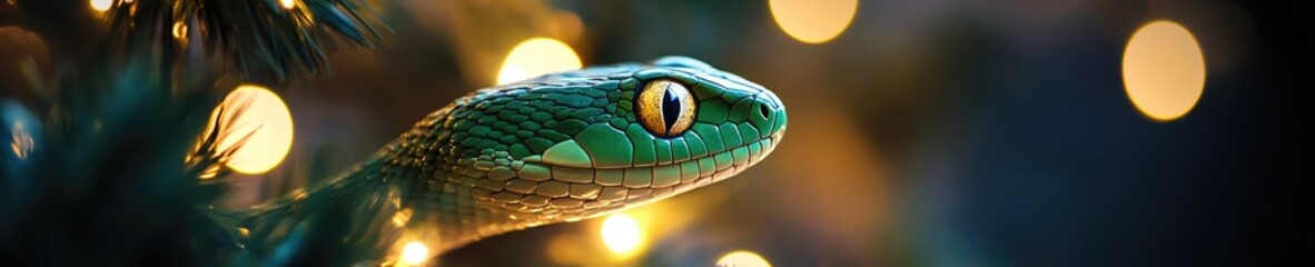 Fototapeta premium Green snake resting on an illuminated christmas tree branch, symbol of 2025 according to the Chinese calendar