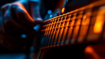 Fototapeta premium Close-up of a hand playing an acoustic guitar with warm lighting on the strings.