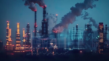 A futuristic industrial landscape featuring smokestacks, illuminated structures, and digital overlays, capturing the essence of modern manufacturing and pollution.