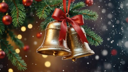 Golden Christmas bells with red ribbon hanging on pine branches with blurred festive background