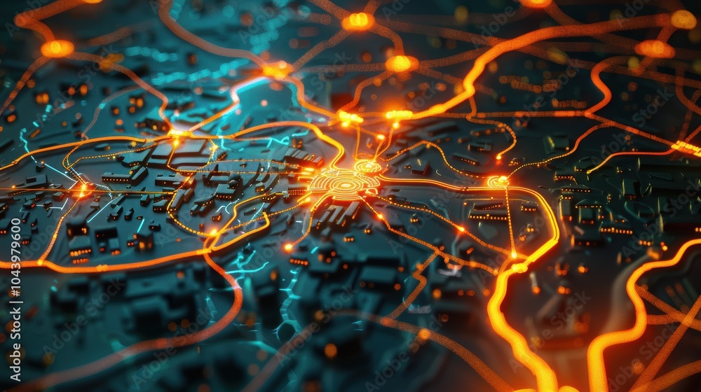 Poster digital map interface with glowing paths highlighting modern business strategy