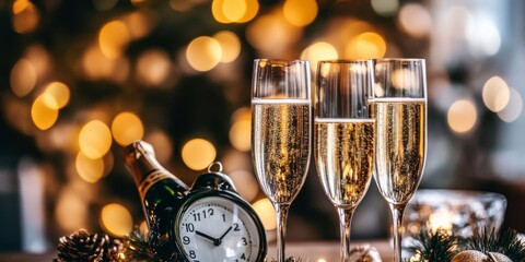 A sparkling New Year's Eve celebration with champagne toasts and a countdown clock. The blurry background adds a festive touch.
