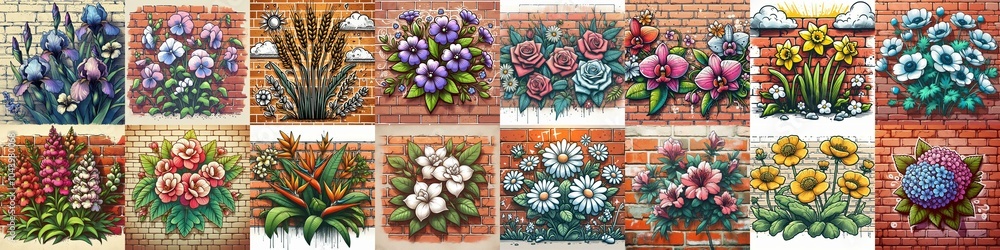 Poster Flowers painted on the bricks wall. AI generated illustration