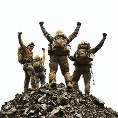 Military team celebrating victory on mountain top.