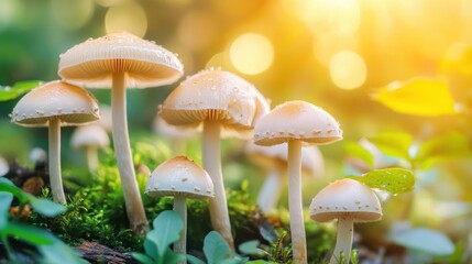 Fototapeta premium Mushrooms growing along a forest trail, their delicate caps glistening with morning dew in the soft light.
