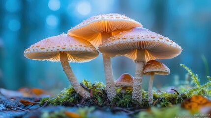 Mushrooms growing along a forest trail, their delicate caps glistening with morning dew in the soft light.