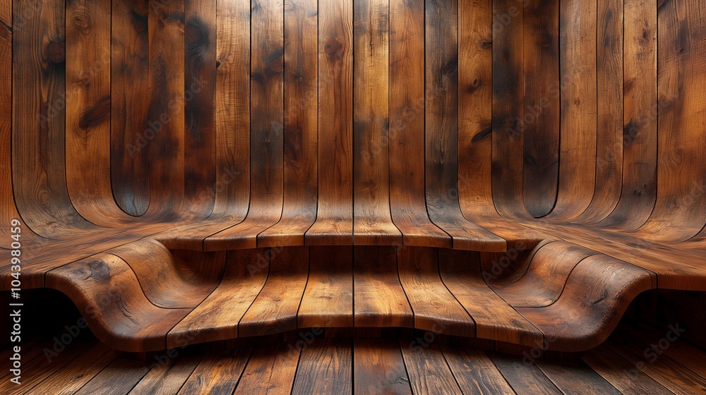 Poster podium with steps of wooden boards banner background copy space. showcase decorated with timber imag