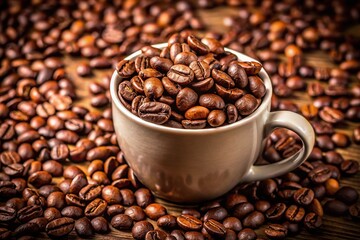 Coffee beans in a cup with leaves Isolated