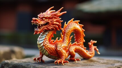 Fototapeta premium Red and gold colored 3D rendering of a traditional Chinese dragon on a rock. Chinese New Year