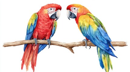 Two parrots birds on an isolated white background, watercolor illustration, hand drawing