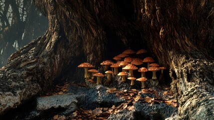 Fototapeta premium Mushrooms growing at the base of a towering tree, with rich, detailed textures and earthy tones.