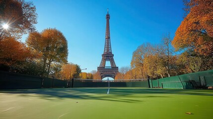 tennis court set against the iconic eiffel tower vibrant green grass contrasting with the towers iron lattice clear blue sky overhead capturing a lively parisian atmosphere