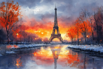 Watercolour Illustration of Breathtaking view of Eiffel Tower at Sunset with vibrant orange skies reflected on Snowy riverbank. Ideal for winter, travel, and cityscape themes.