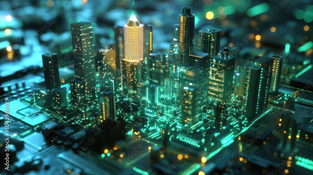 Poster a futuristic cityscape rendered on a circuit board with glowing lights and structures.