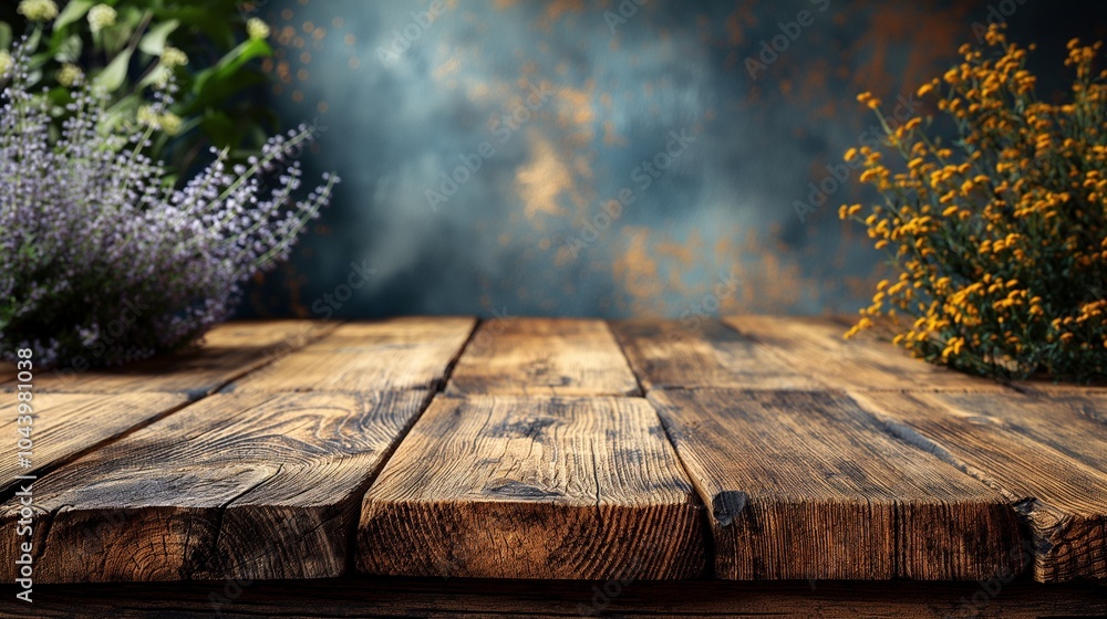 Aufkleber rustic wooden table with flowers banner background copy space. board display for goods image backdro