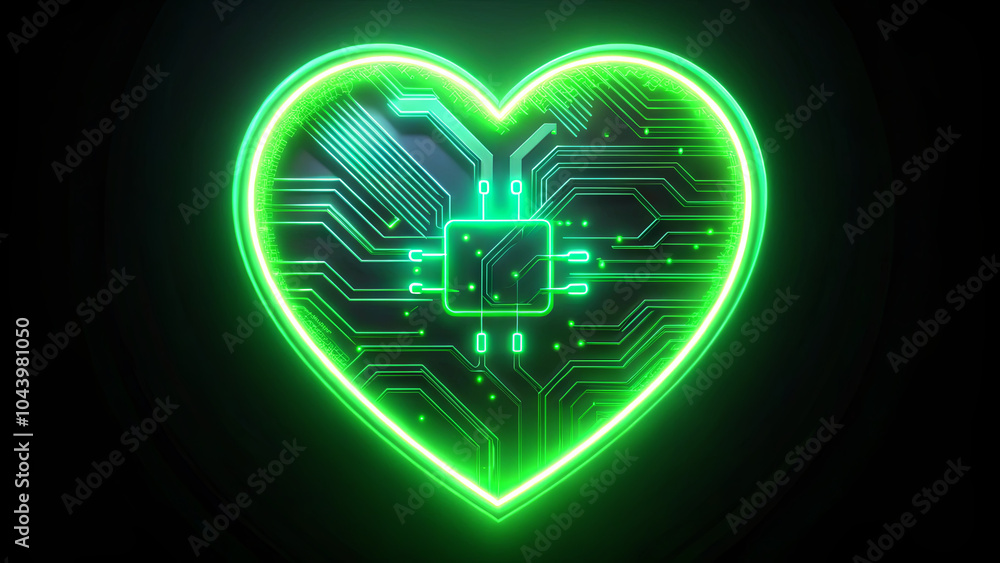Poster a glowing green heart shape embedded with a circuit board pattern symbolizes the fusion of technolog