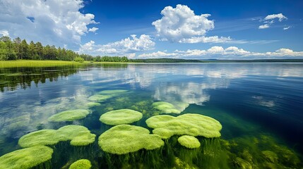 A serene landscape featuring lush green lily pads on calm water, reflecting beautiful clouds and a vibrant sky.