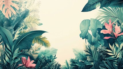 Vintage tropical botanical illustration of a lush jungle paradise