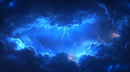 Realistic thunder light and blue smoke cloud bottom frame. Mysterious lightning glow border wide panoramic element