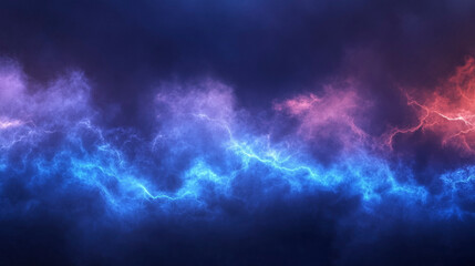 Realistic thunder light and blue smoke cloud bottom frame. Mysterious lightning glow border wide panoramic element