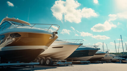 A row of boats are parked in a marina, with one of them being a large yacht