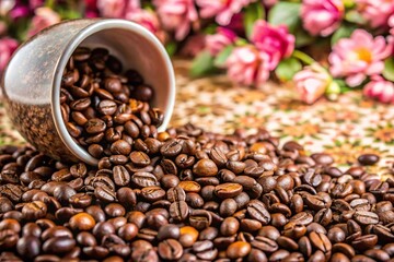 Fototapeta premium Coffee beans spilled from a cup onto a floral background Macro
