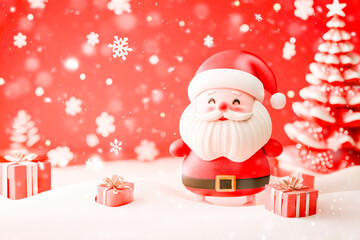 Christmas illustration with santa, christmas tree, gifts and snow