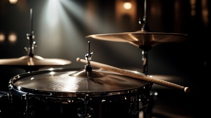 Obraz premium A close-up of a drum set with cymbals, drumsticks, and a spotlight shining on the drums.