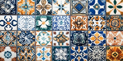 This design features beautiful tile patterns inspired by different cultures, like Mexican, Portuguese, Spanish, and Arabic styles. It's a mix of traditional ceramic and porcelain designs.