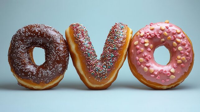 the letter v crafted entirely from delicious colorful donuts set against a clean white background evoking a playful and whimsical tone perfect for desserts and bakery themes