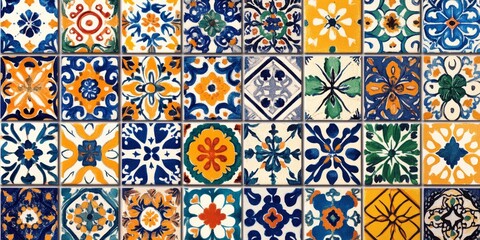 This design features beautiful tile patterns inspired by different cultures, like Mexican, Portuguese, Spanish, and Arabic styles. It's a mix of traditional ceramic and porcelain designs.