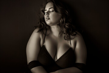 Plus-size model with bright makeup in black bodysuit and curvy body in a sensual pose on dark background.