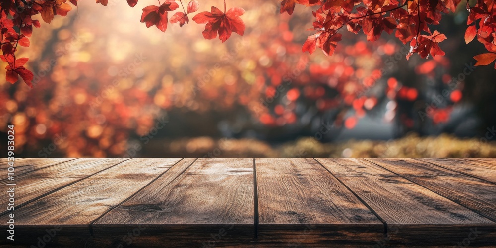 Poster this empty wooden table is perfect for showcasing your products. the blurred autumn background with 