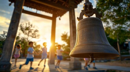 Traditional Large Iron Bell Hanging from Tall Wood Structure